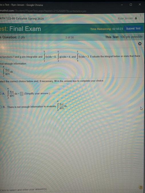  in a Test - Ryan Jensen - Google Chrome mathid.com/Student/ PlayerTestaspxfastd