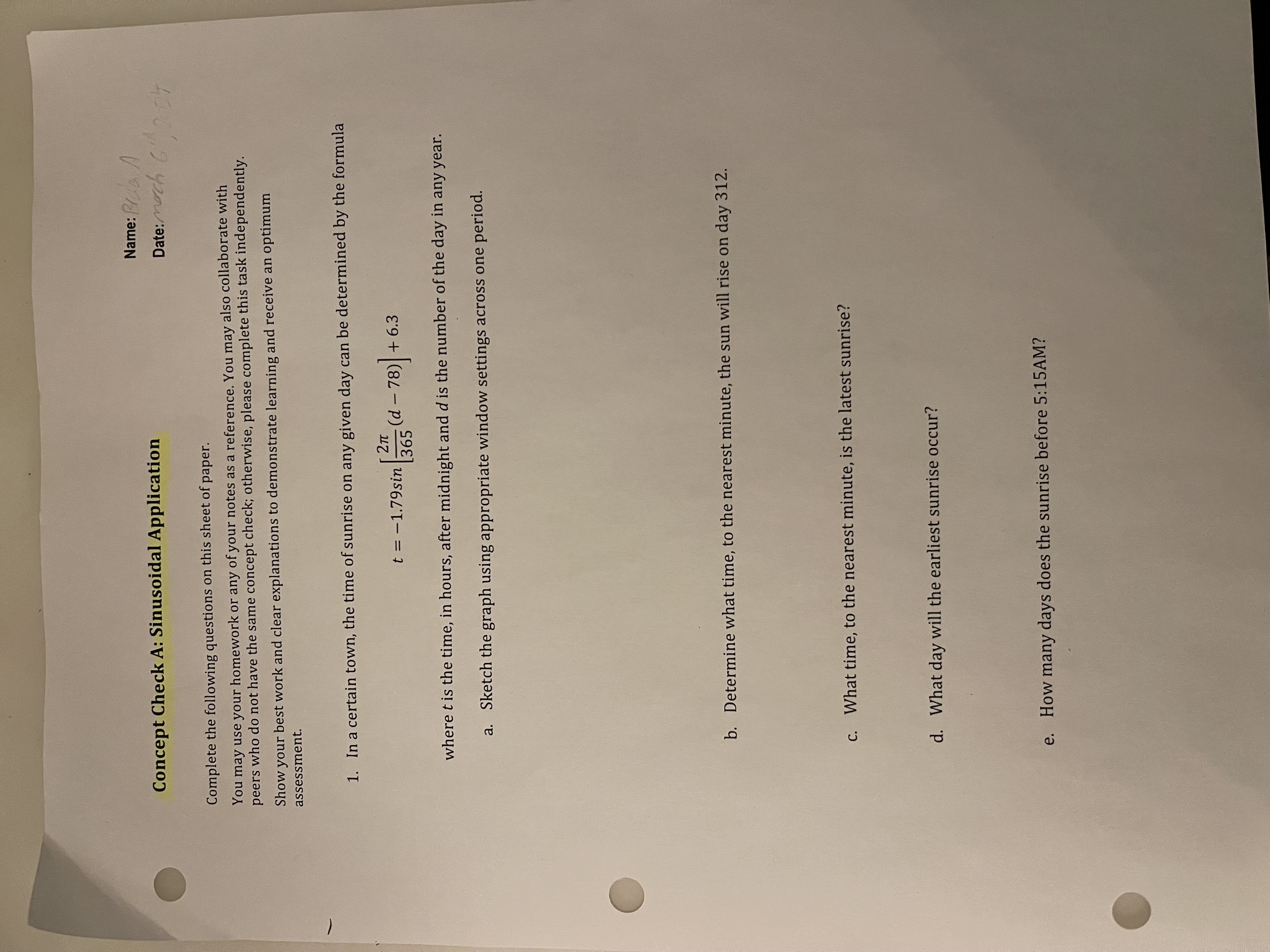 Name: Concept Check A: Sinusoidal Application Date : March 6 2