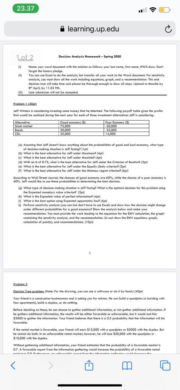 this is decision analytics 23.37 learning.up.edu C 1.0.f.2 Decision Analysis Homework -