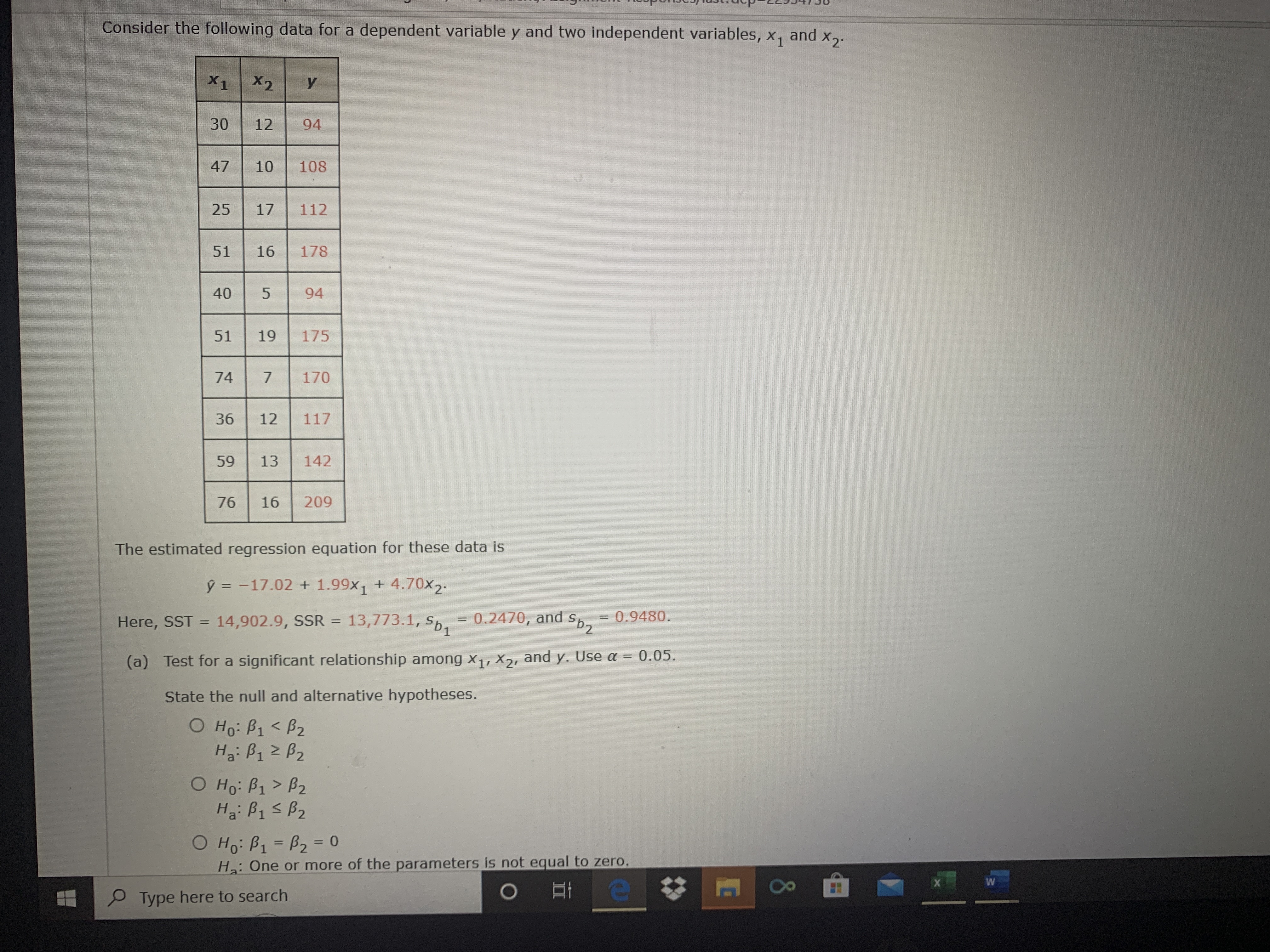  Consider the following data for a dependent variable y and two