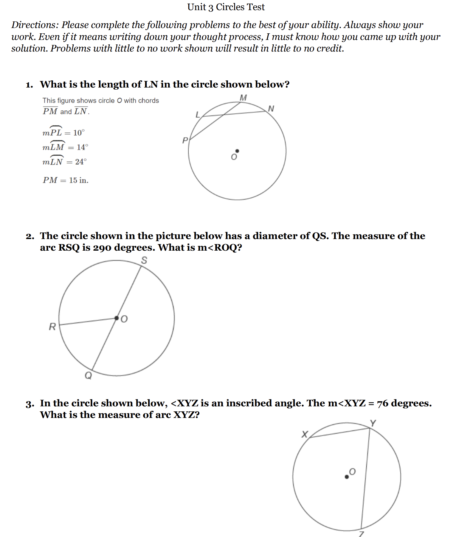 Unit 3 test Unit 3 Circles Test Directions: Please complete the following