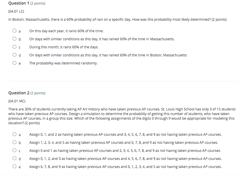 Ap Stats Multiple Choice Question 1 (2 points) (04.01 LC) In Boston,