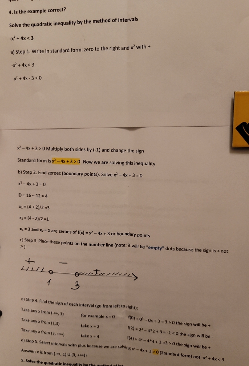  4. Is the example correct? Solve the quadratic inequality by the