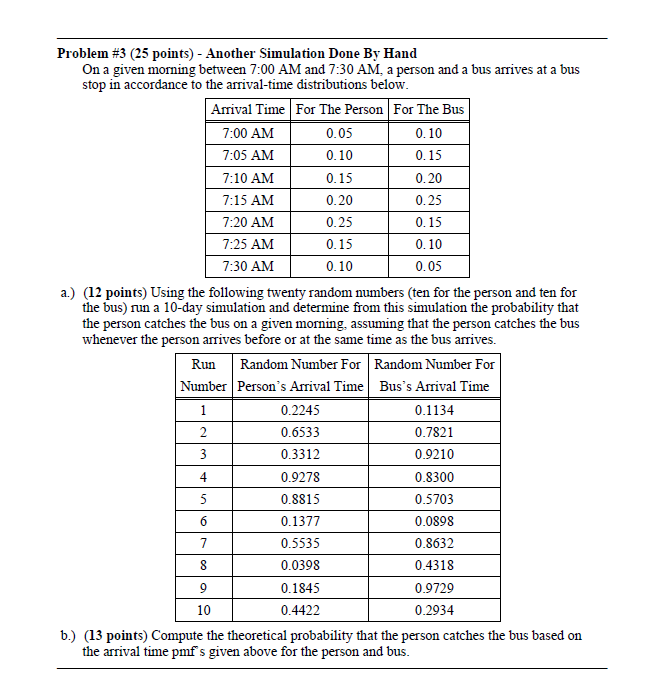 queneing problem. monte carlo simulation Problem #3 (25 points) - Another Simulation
