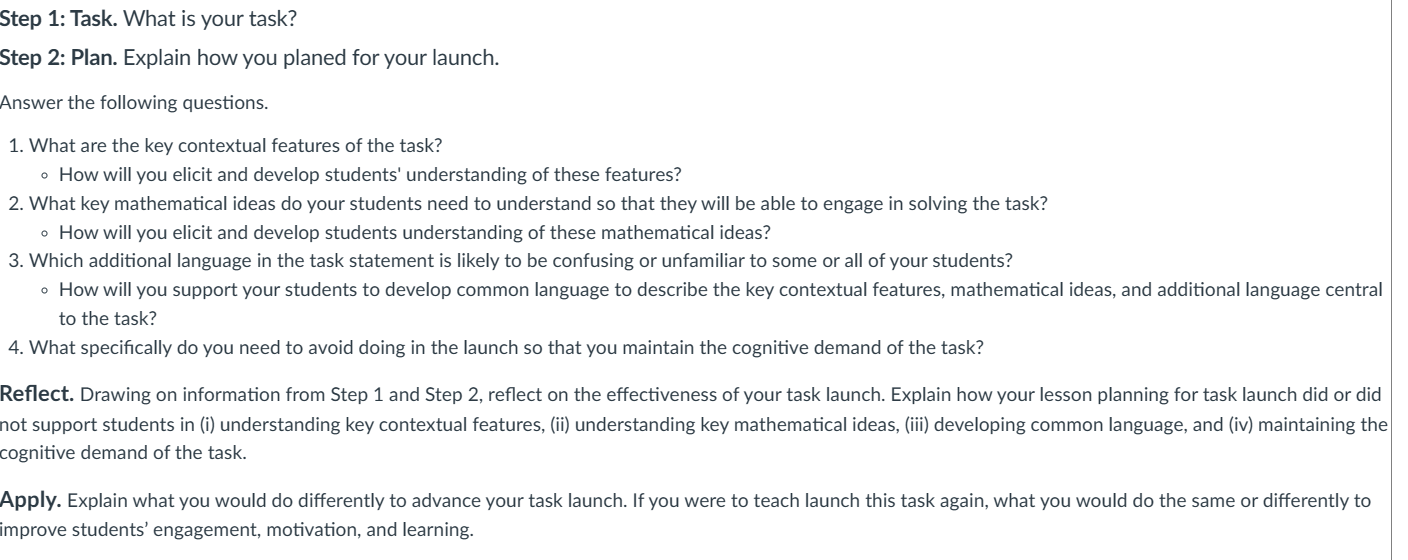  Step 1: Task. What is your task? Step 2: Plan. Explain