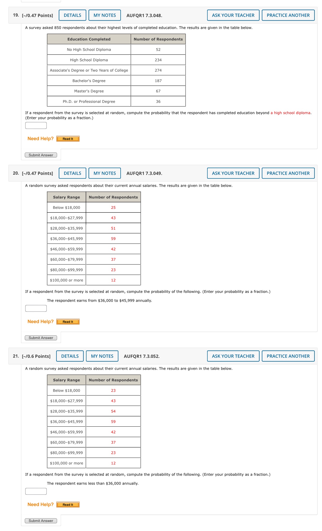 Answer each question correctly 19. [-/0.47 Points] AUFQR1 7.3.048. ASK YOUR TEACHER
