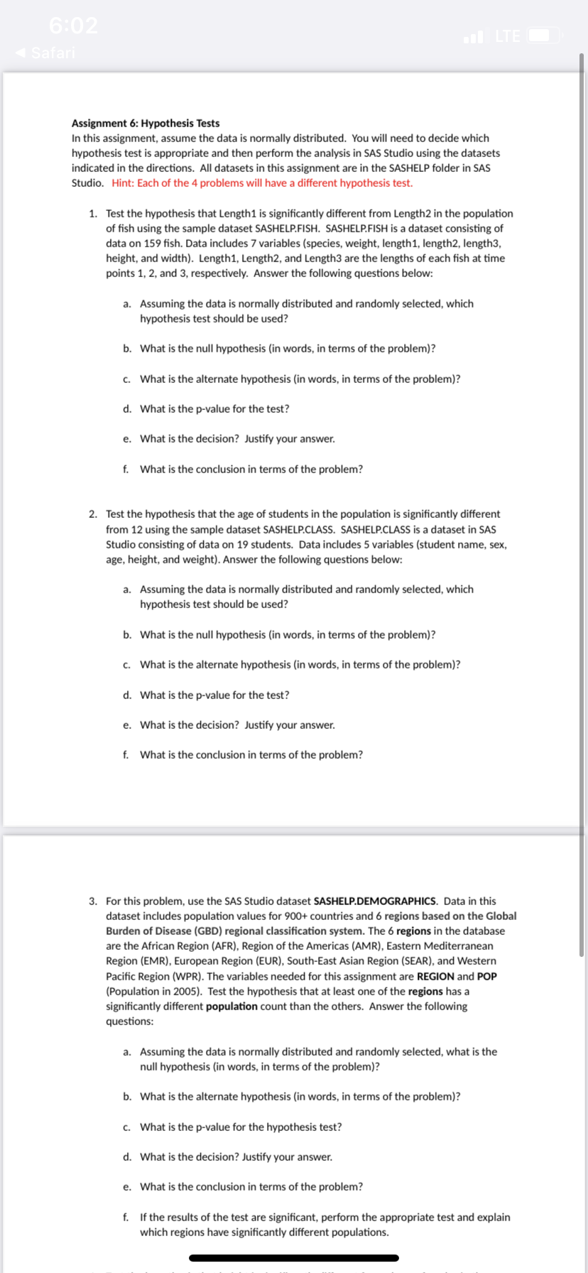 help doing this assignment Assignment 6: Hypothesis Tests In this assignment, assume