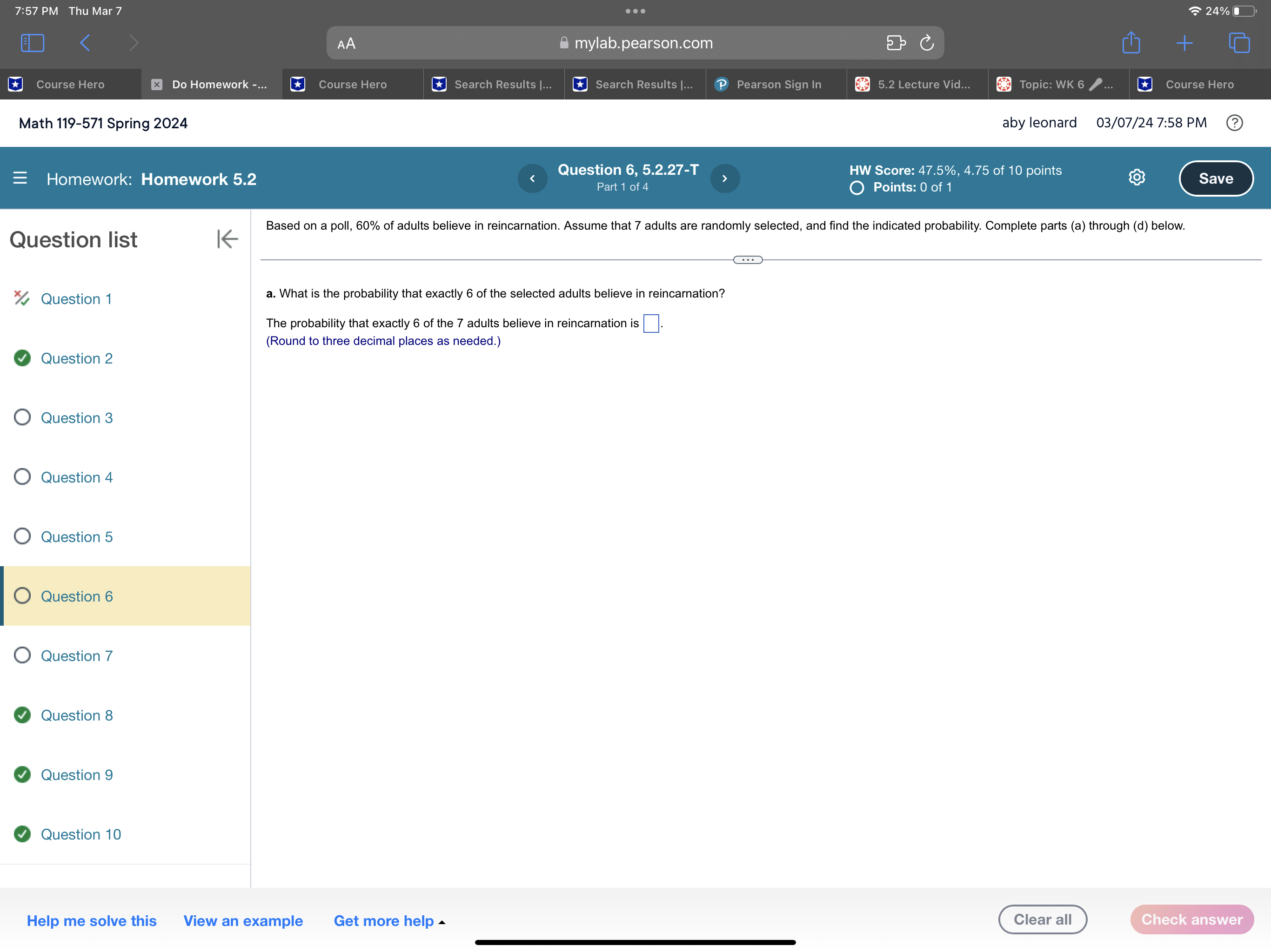 7:57 PM Thu Mar 7 & mylab.pearson.com Do Homework -... Math