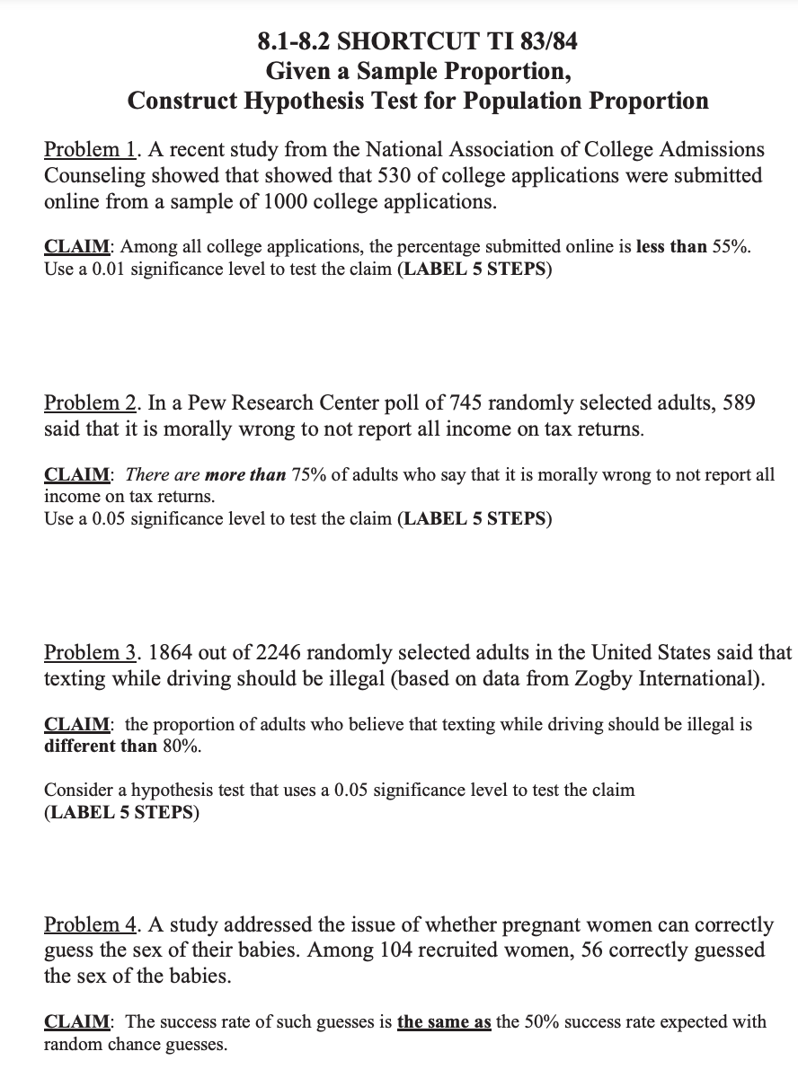  8.1-8.2 SHORTCUT TI 83/84 Given a Sample Proportion, Construct Hypothesis Test