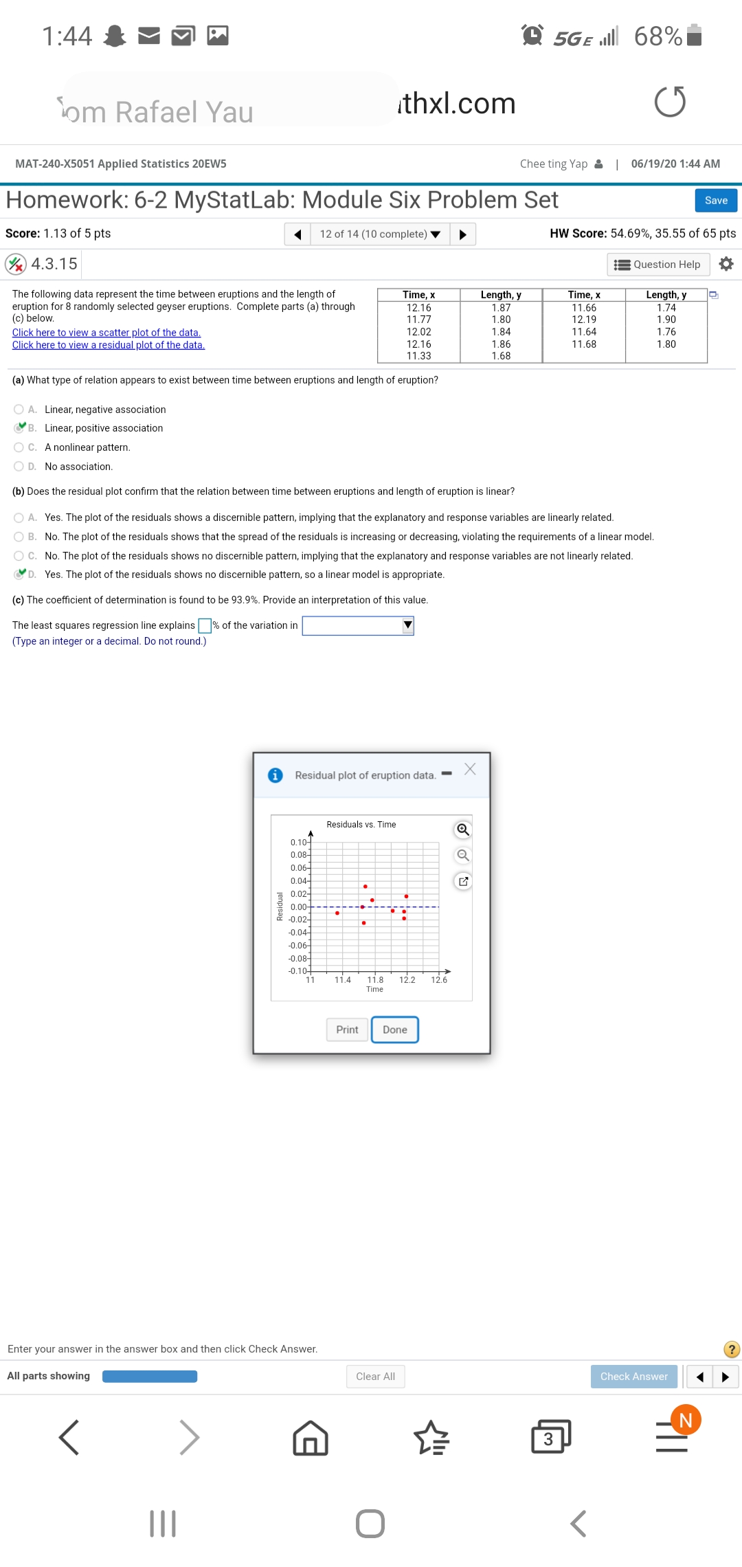 I need help with problem C. The least squares regression line equals