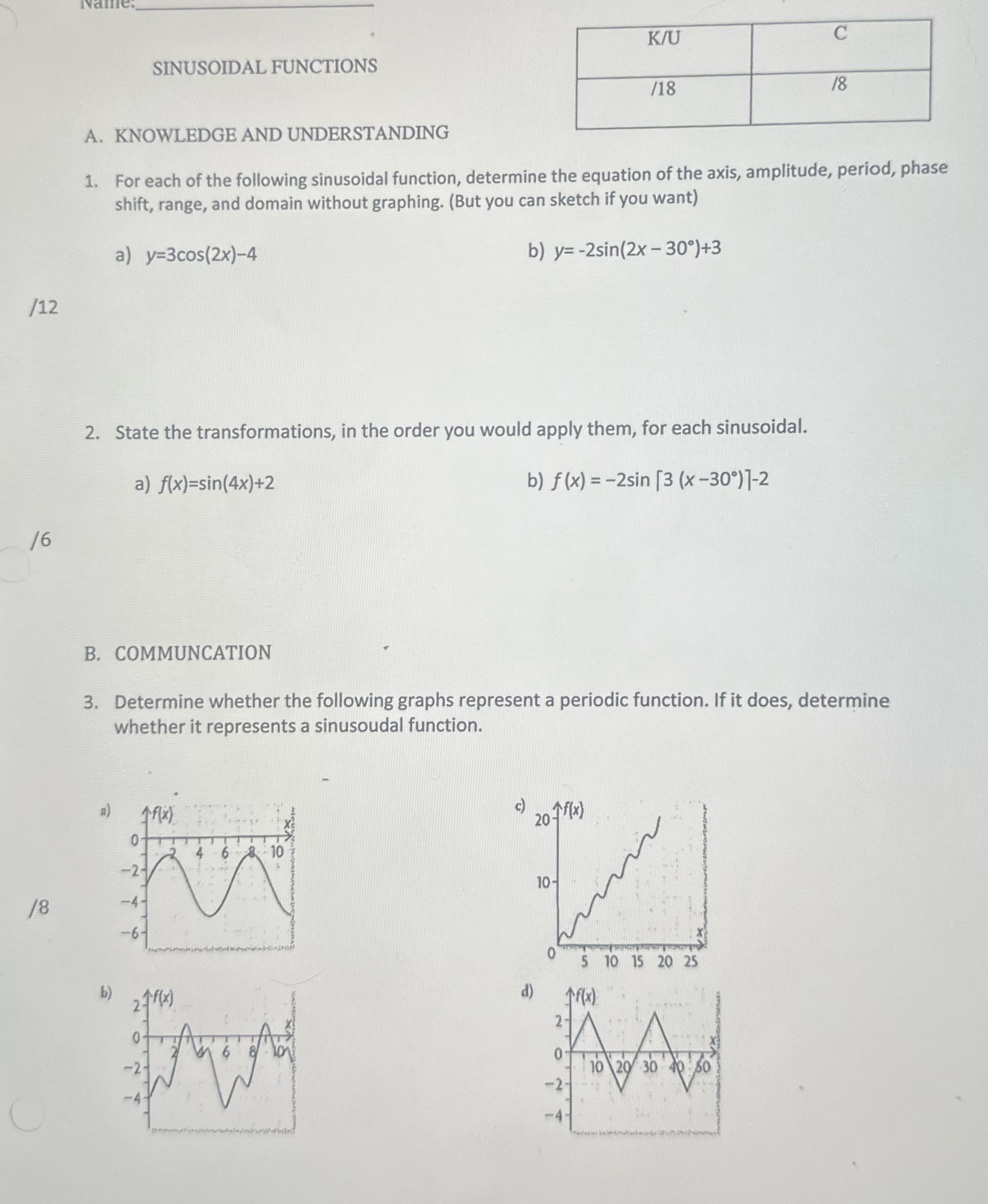 K/U C SINUSOIDAL FUNCTIONS /18 18 A. KNOWLEDGE AND UNDERSTANDING 1.