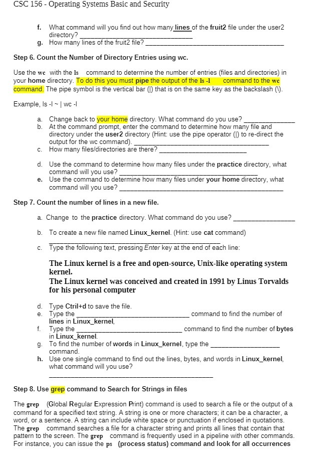  CSC 156 - Operating Systems Basic and Security f. What command