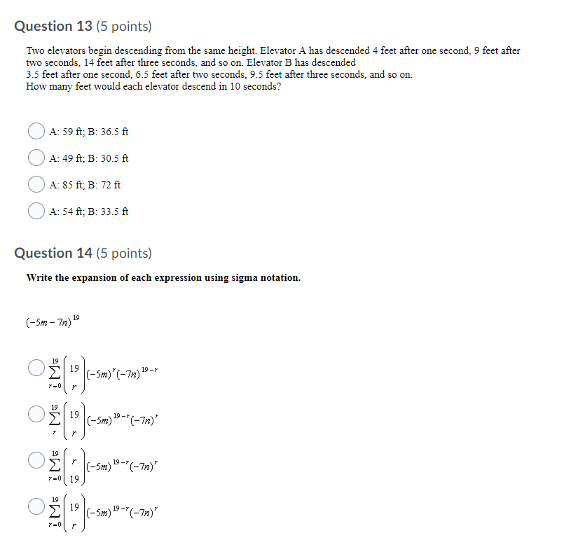 Question 13 (5 points) Two elevators begin descending from the same