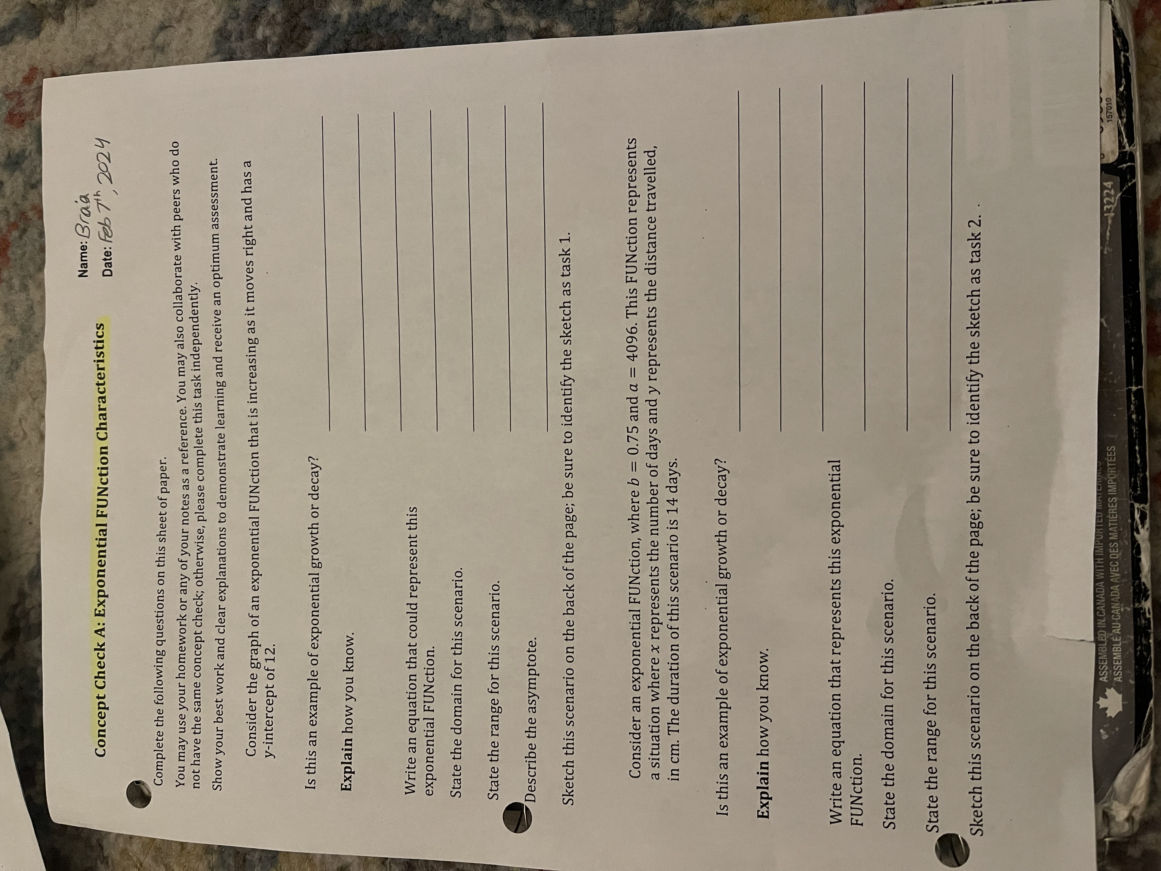 Name: Braa Concept Check A: Exponential FUNction Characteristics Date : Feb