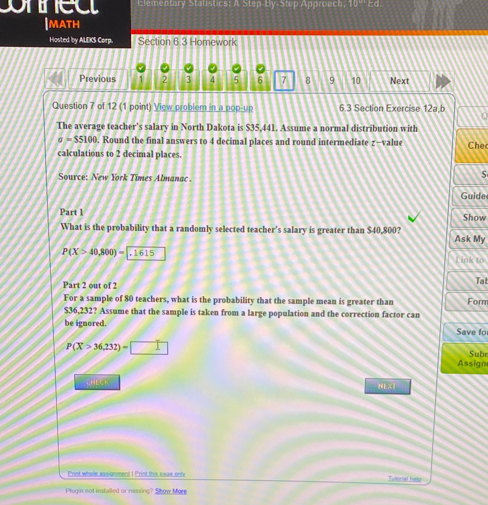  Elementary Statistics: A |MATH Hosted by ALEKS Corp. Section 6 3
