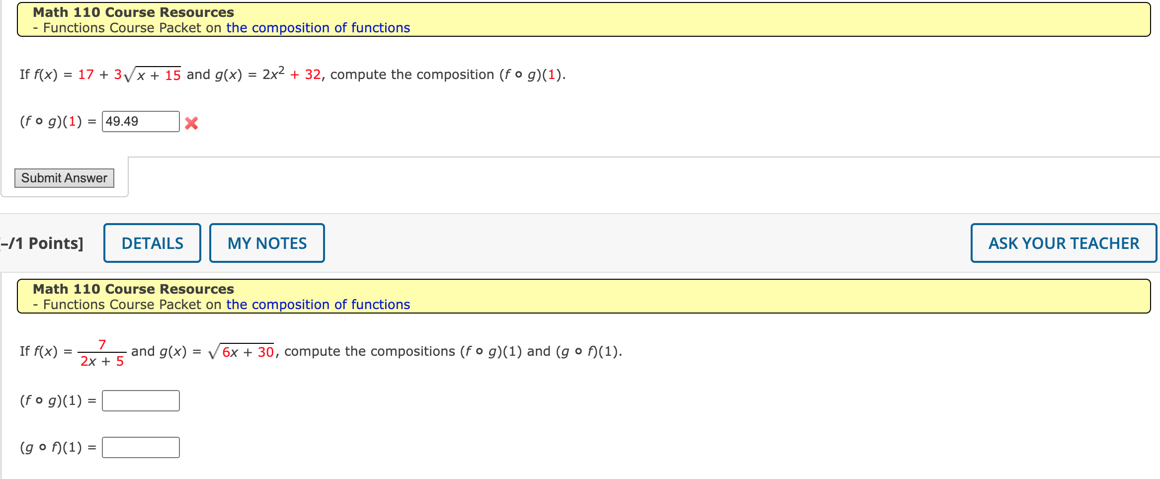 ' Math 110 Course Resources - Functions Course Packet on the