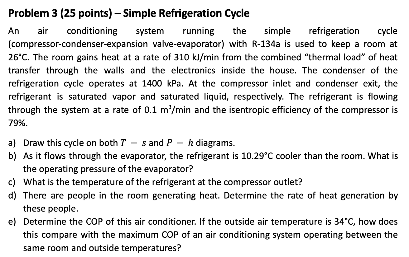  Problem 3 (25 points) Simple Refrigeration Cycle An air conditioning system