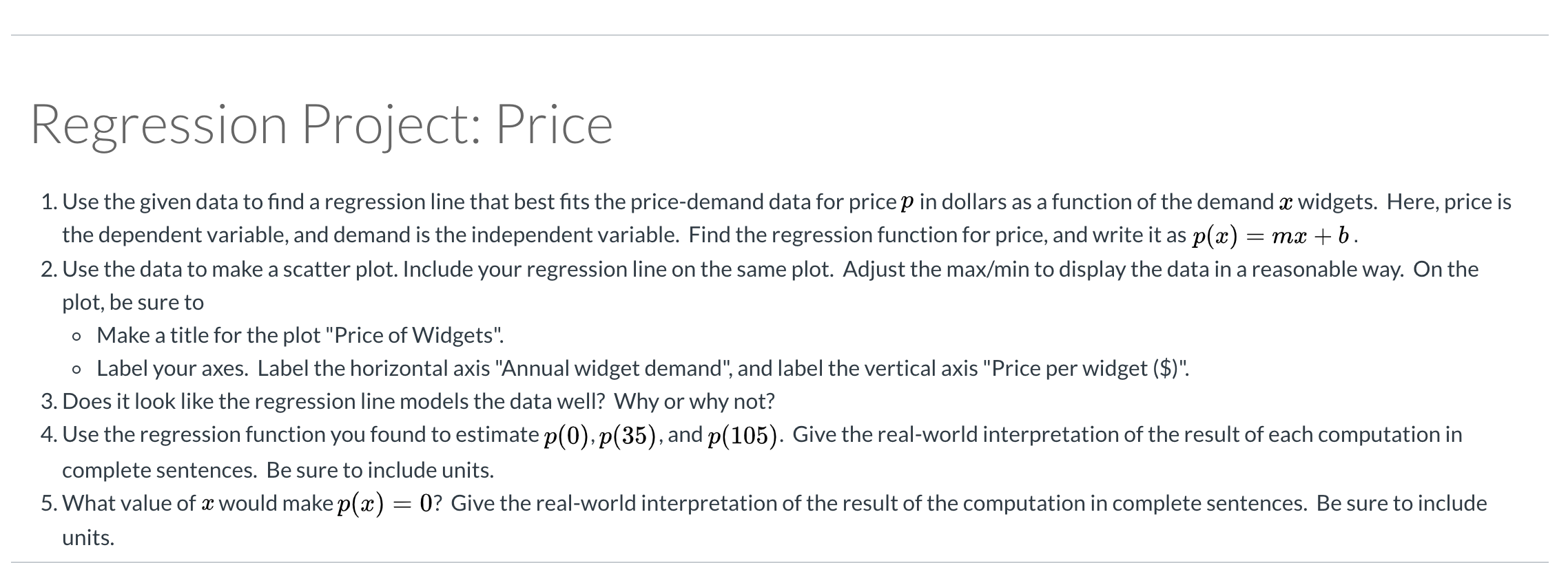 below contains the price, demand, and total cost data for the production