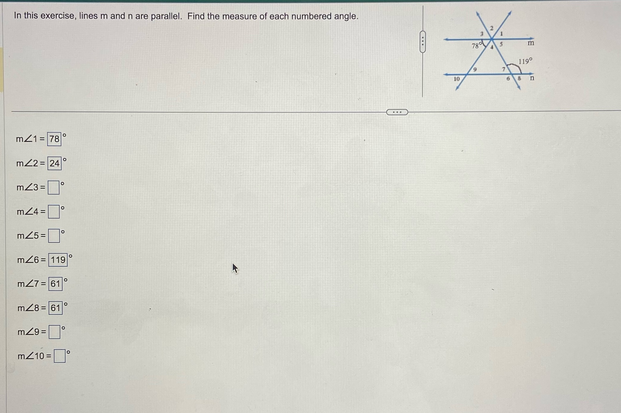 In this exercise, lines m and n are parallel. Find the