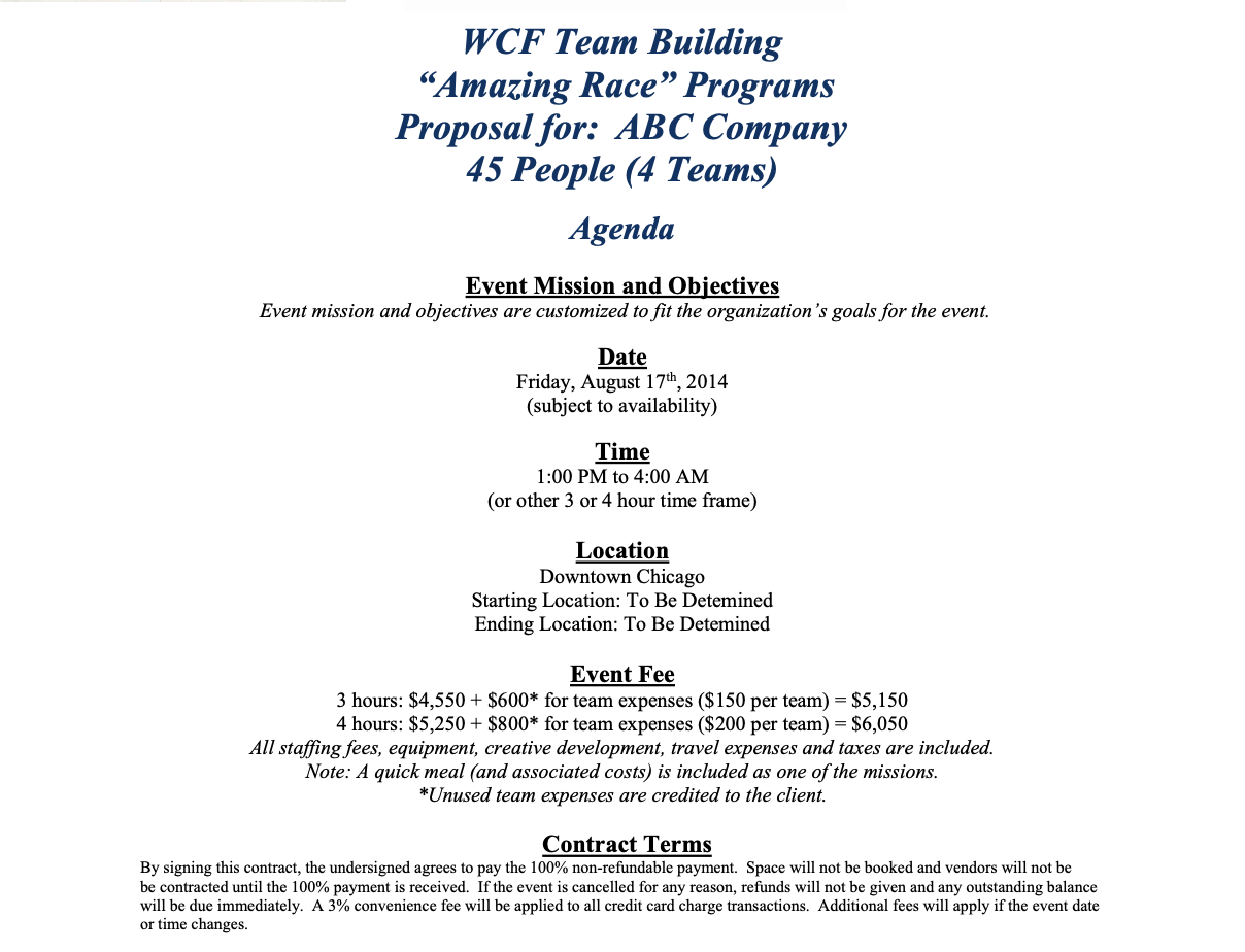 NOT SUBJECTIVE ERRORS). WCF Team Building \"Amazing Race\" Programs Proposal for: ABC