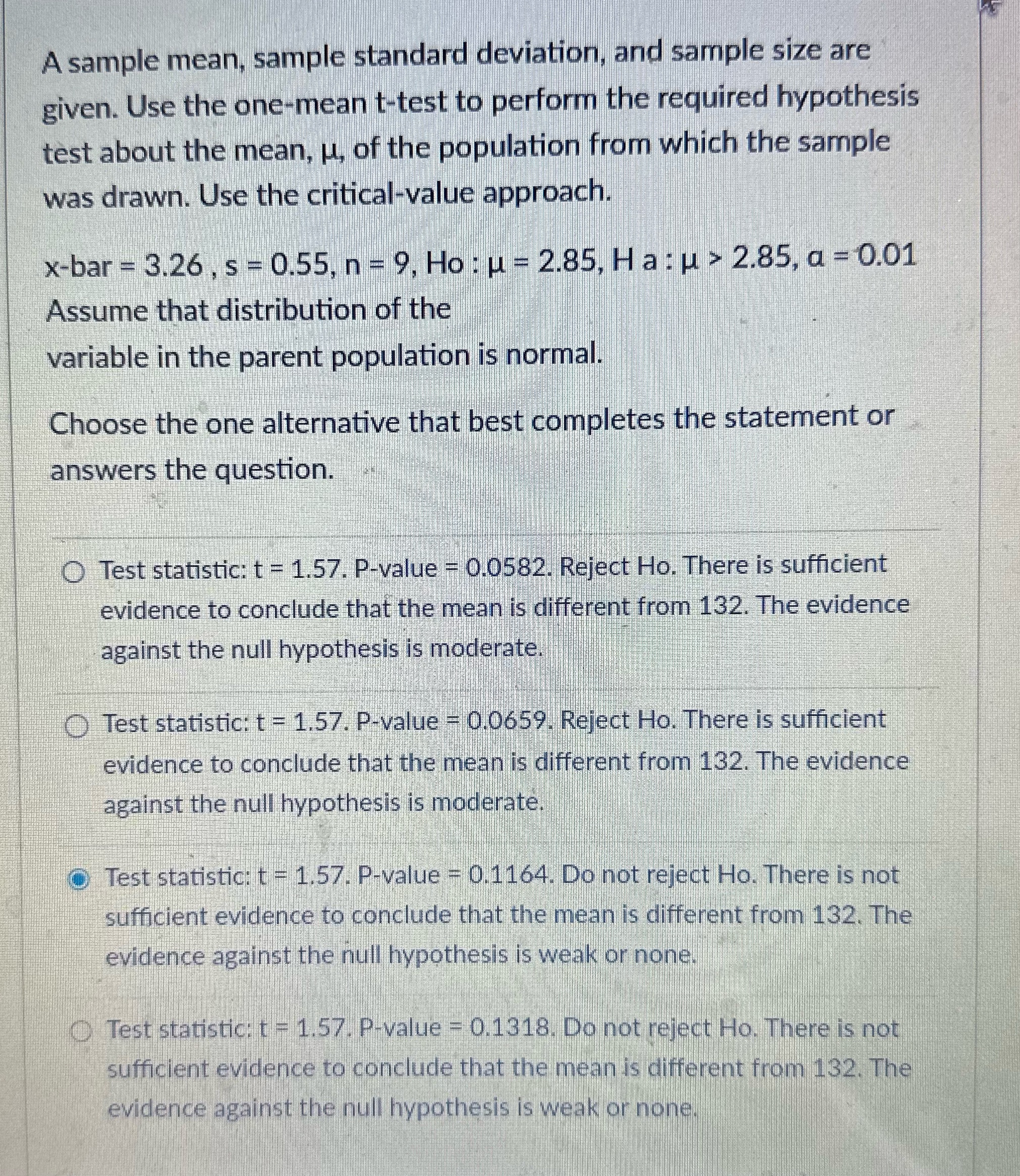 A sample mean, sample standard deviation, and sample size are given.