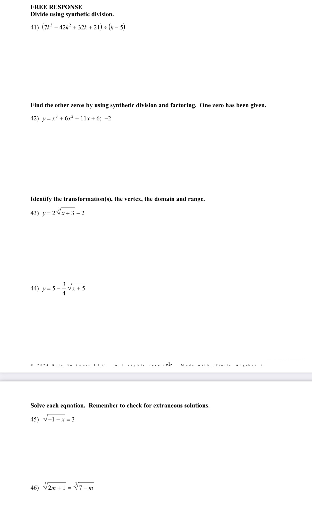 Help FREE RESPONSE Divide using synthetic division. 41) (7k3 - 42k2 +