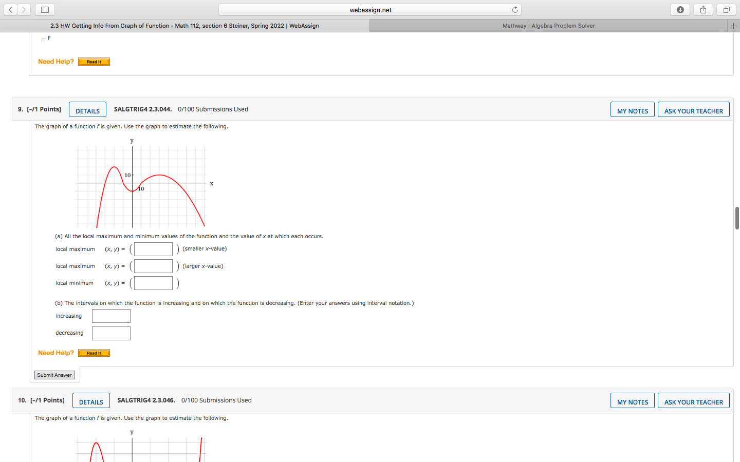 webassign.net 2.3 HW Getting Info From Graph of Function - Math