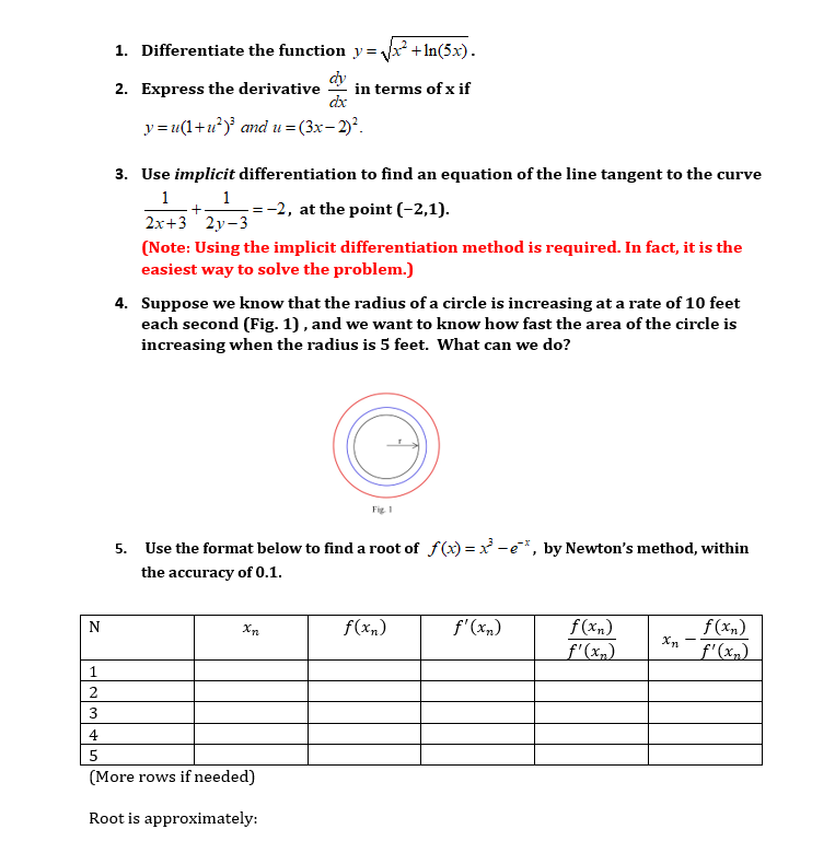 Differentiate the functionand Radius 1. Differentiate the function y = 1. {x1