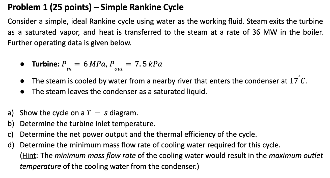  Problem 1 (25 points) Simple Rankine Cycle Consider a simple, ideal