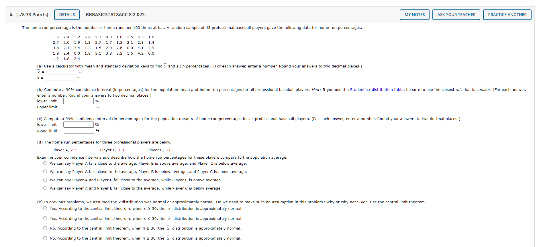  6. [-/8.33 Points] DETAILS BBBASICSTAT8ACC 8.2.022. MY NOTES ASK YOUR TEACHER