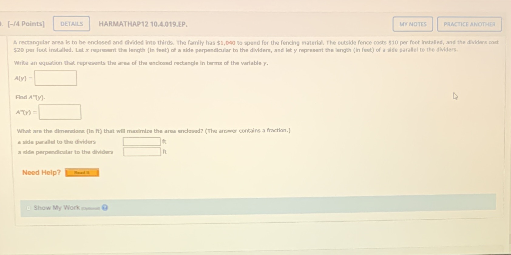  [-/4 Points] DETAILS HARMATHAP12 10.4.019.EP. MY NOTES PRACTICE ANOTHER A rectangular
