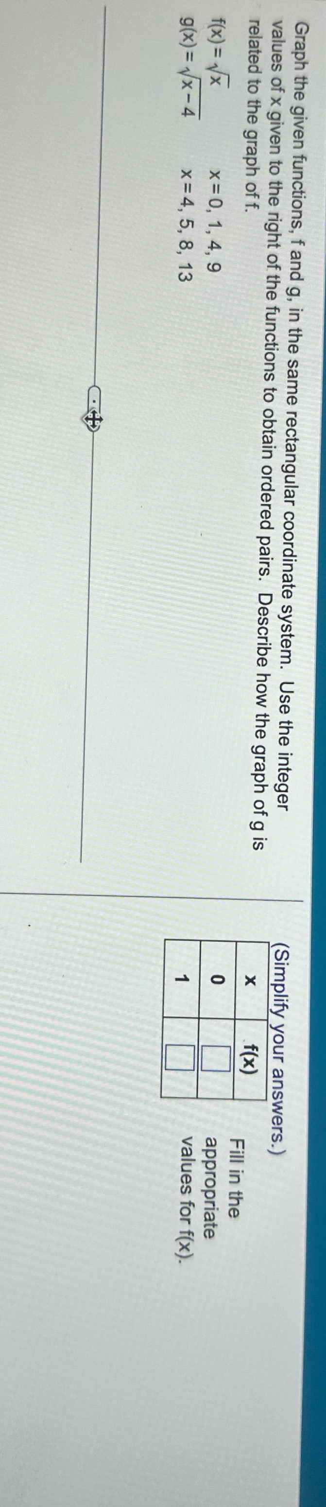  Graph the given functions, f and g, in the same rectangular