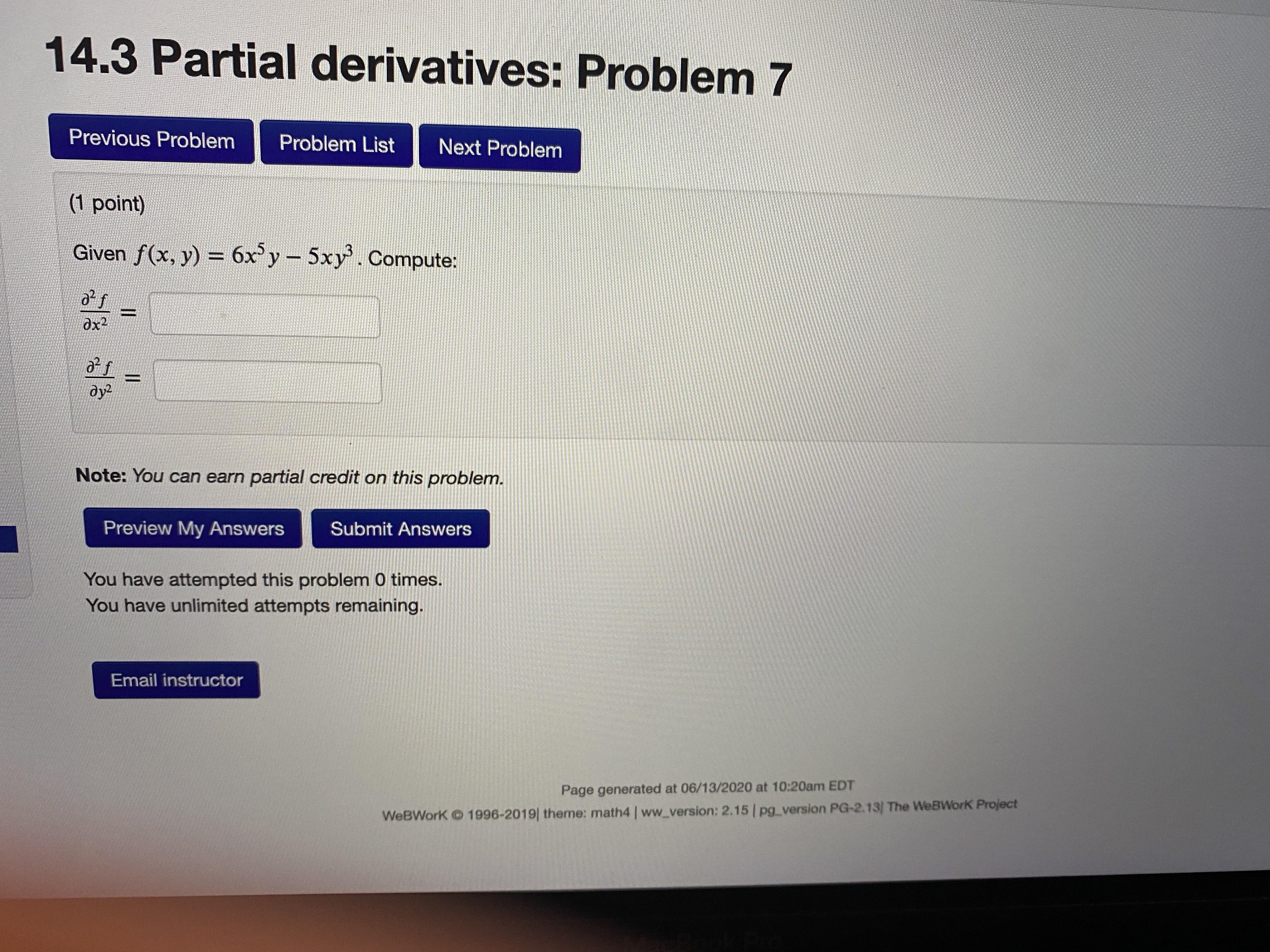  14.3 Partial derivatives: Problem 7 Previous Problem Problem List Next Problem