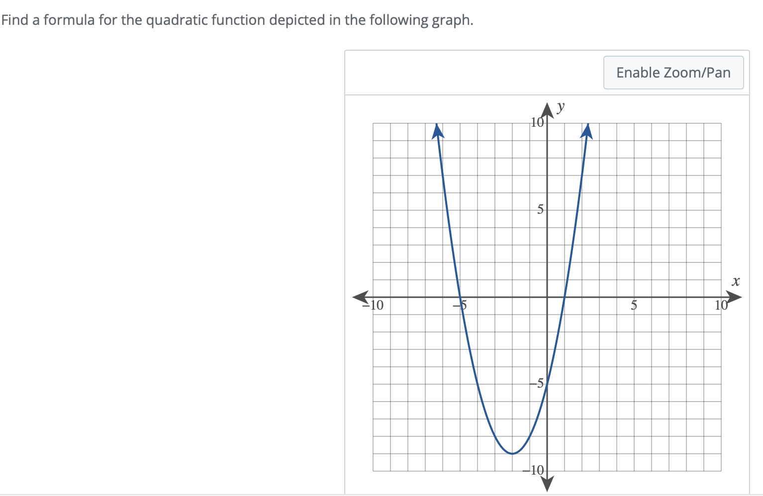 Find a formula for the quadratic function depicted in the following