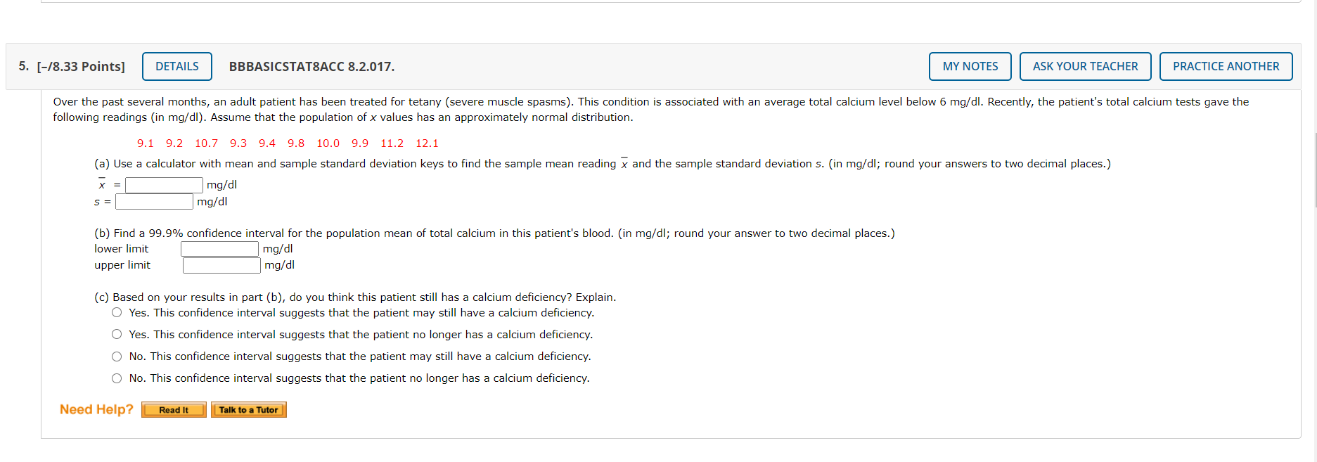  5. [-/8.33 Points] DETAILS BBBASICSTATSACC 8.2.017. MY NOTES ASK YOUR TEACHER