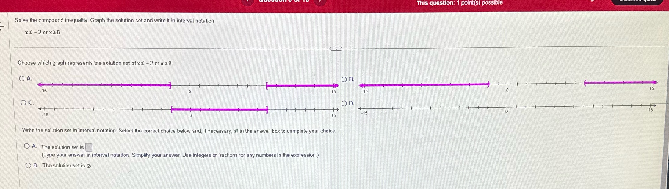  This question: 1 point(s) possible Solve the compound inequality Graph the