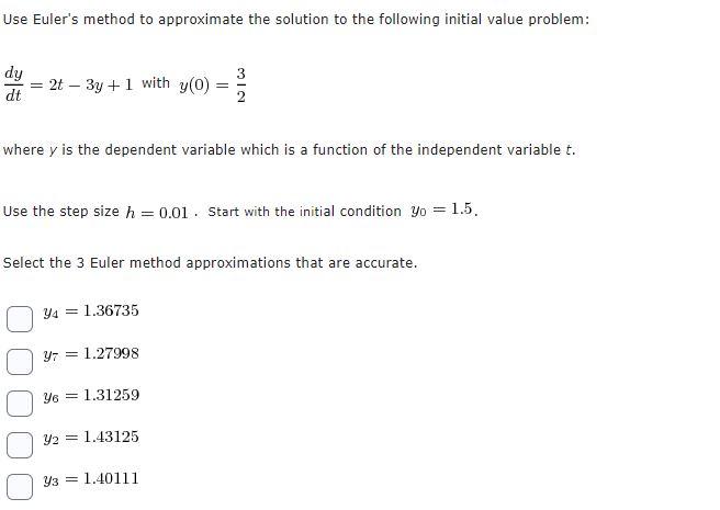 Use Euler's method to approximate the solution to the following initial
