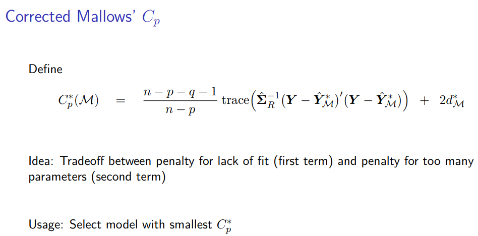 Here is the question: Corrected Mallows' Cp Define Cp (M) n-p-q-1 n