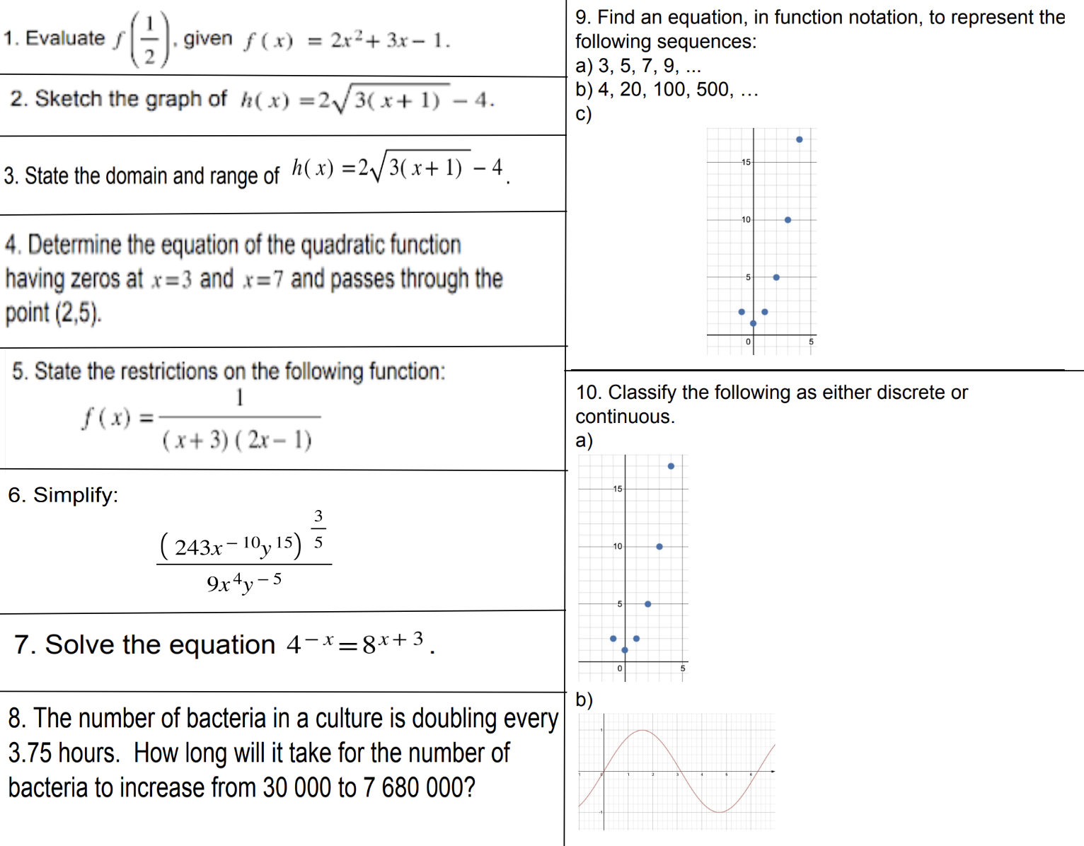 Please answer these functions math questions. Show all your work. | 1.