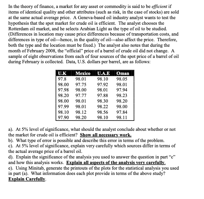 equal Alternative hypothesis Not all means are equal Significance leve a =