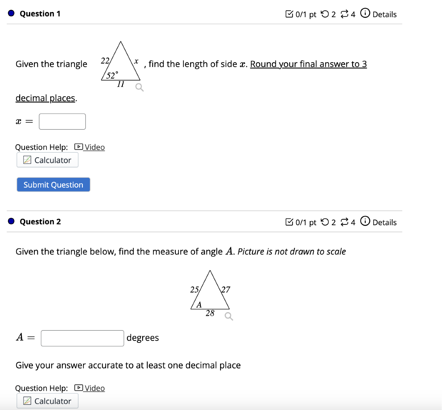 decimal places. Calculator Submit Question X, find the length of side z.