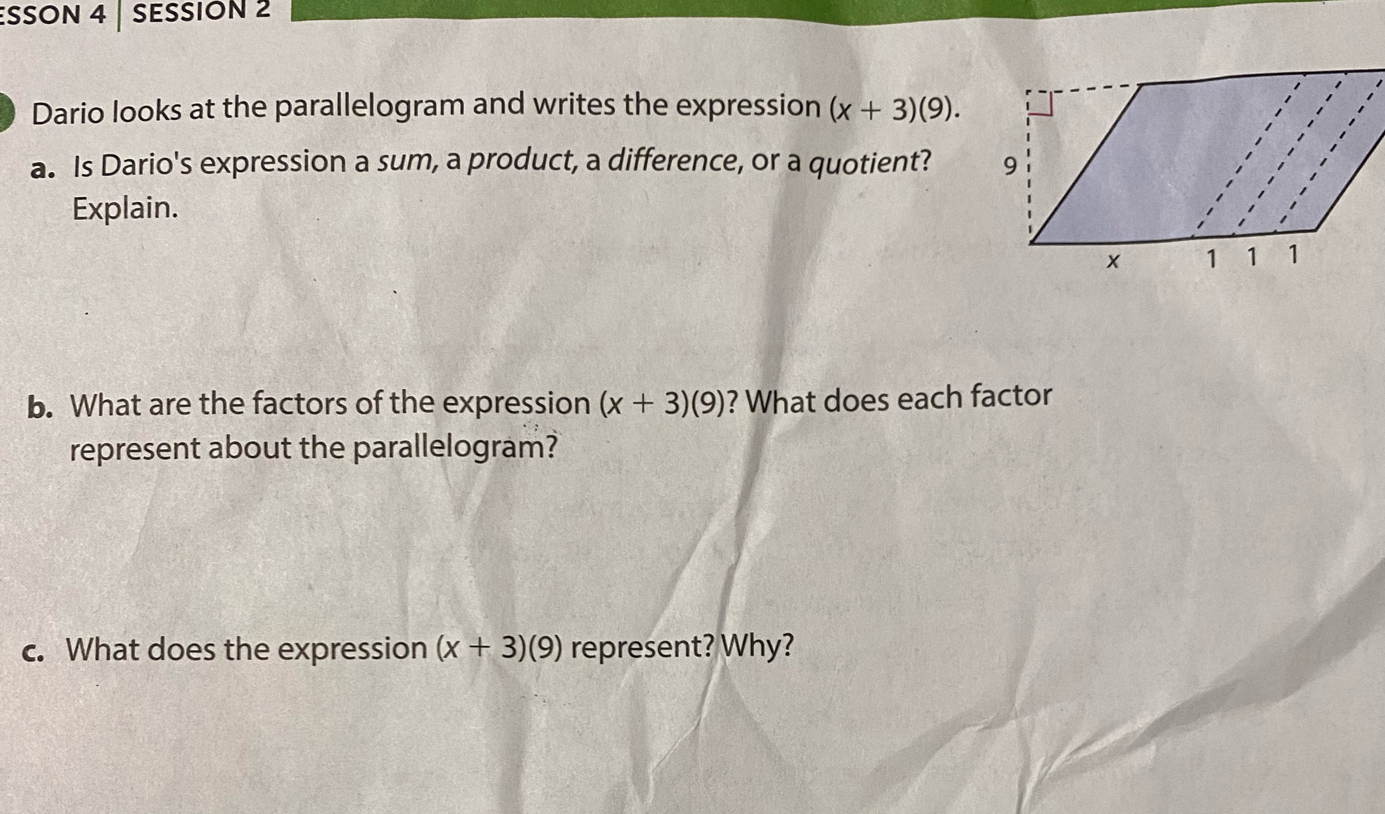 Writing and Interpreting Algebraic Expression#4 please explain SSON 4 SESSION 2 Dario