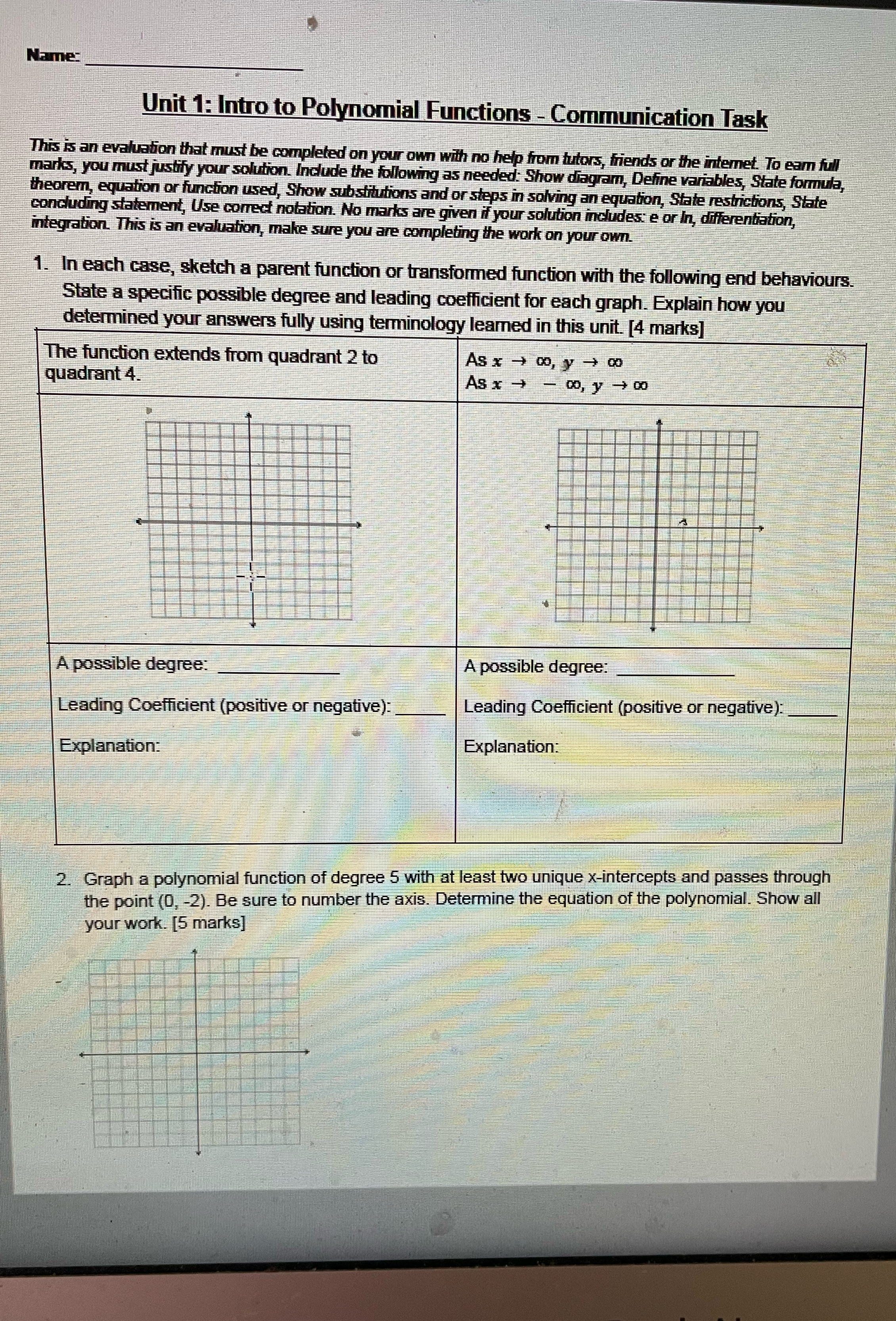 Name: Unit 1: Intro to Polynomial Functions - Communication Task This