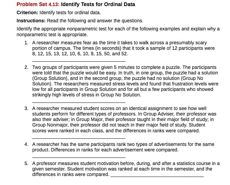 Problem Set 4.13: Identify Tests for Ordinal Data |Criterion: Identify tests