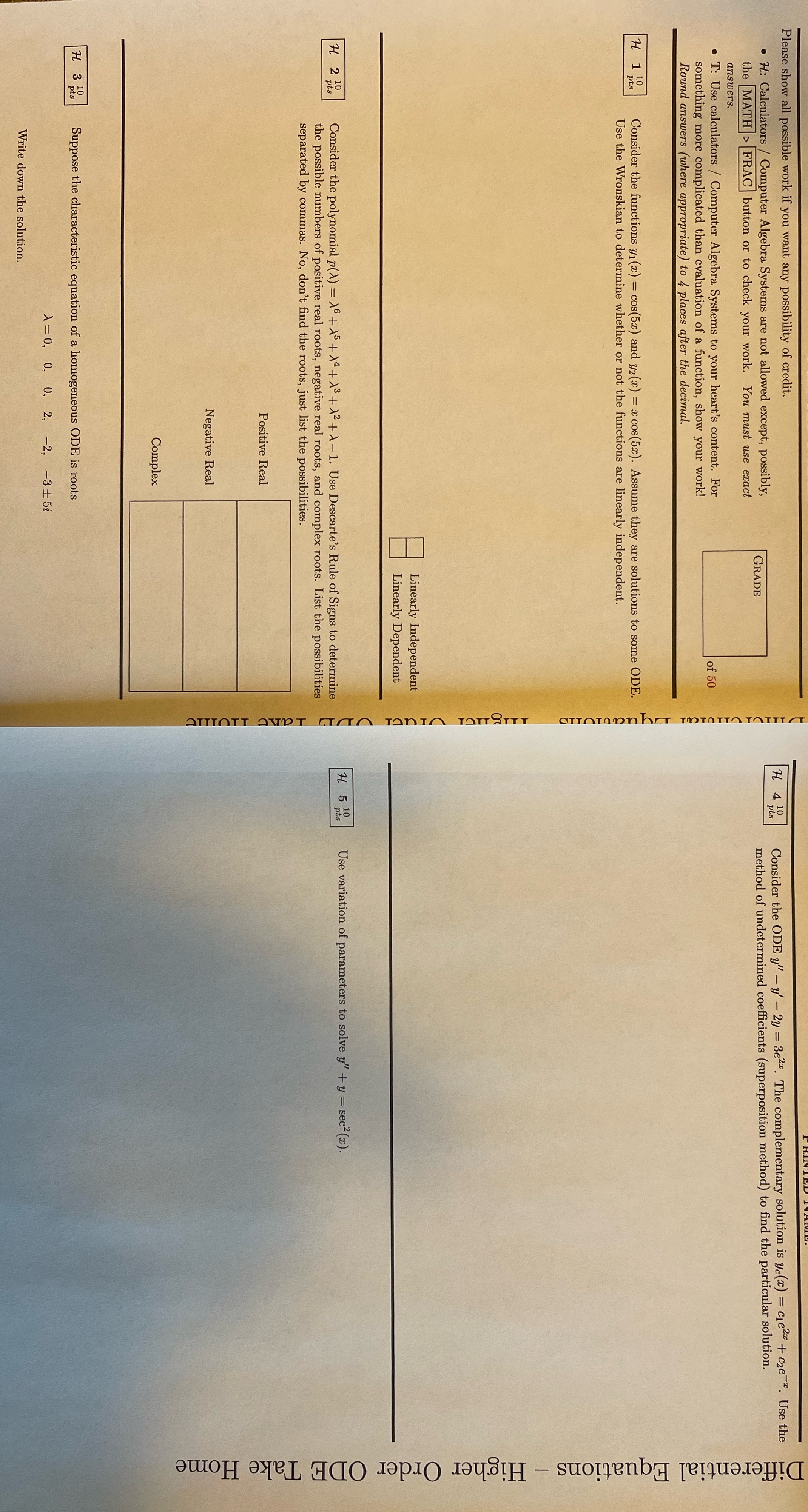 Test review for Differential equations Please show all possible work if you