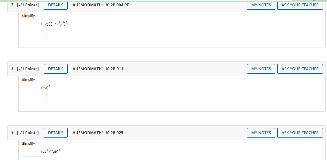 [-/1 Points] DETAILS AUFMODMATH1 10.3B.006. MY NOTES ASK YOUR TEACHER Multiply. (Simplify