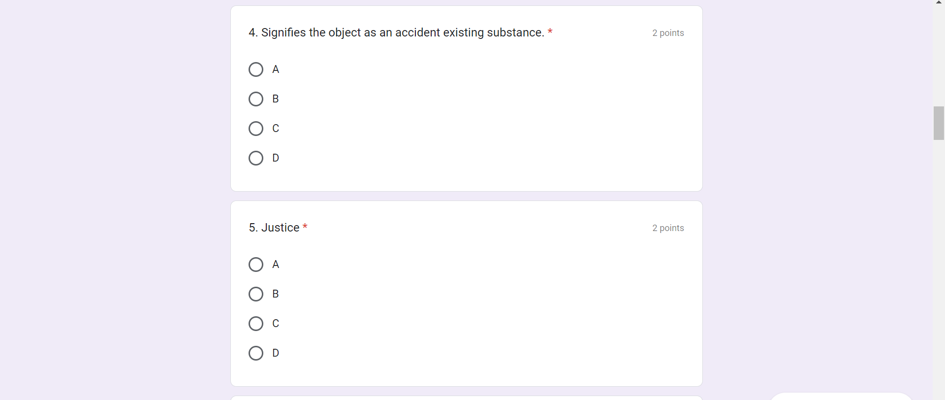 2 points from the individual or subject. O A O B O