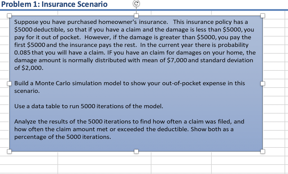 Please reference the screenshot for the question. Problem 1: Insurance Scenario Suppose