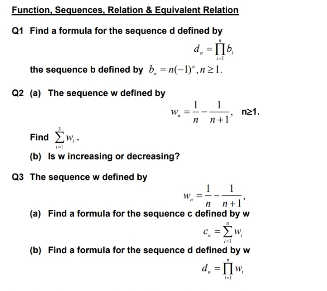 pls help with q1-3, no additional info given Function, Sequences, Relation &