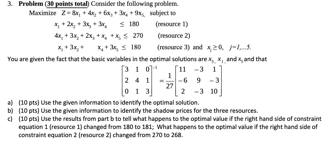  3. Problem (30 points total) Consider the following problem. Maximize Z